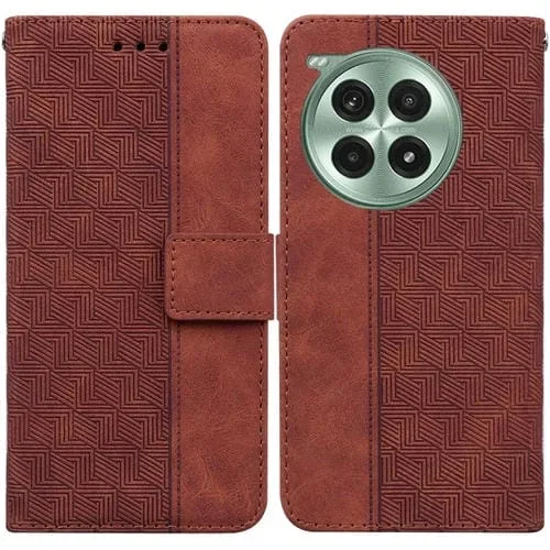 Funda de Cuero con Relieve Geométrico para OnePlus Ace 3 Pro (Marrón)