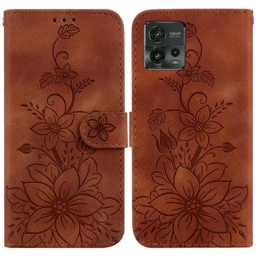 Funda de Cuero con Relieve Lily para Motorola Moto G72 (Marrón)