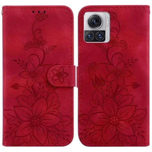 Funda de Cuero con Relieve Lily para Motorola Moto X30 Pro Edge 30 Ultra 5G (Rojo)