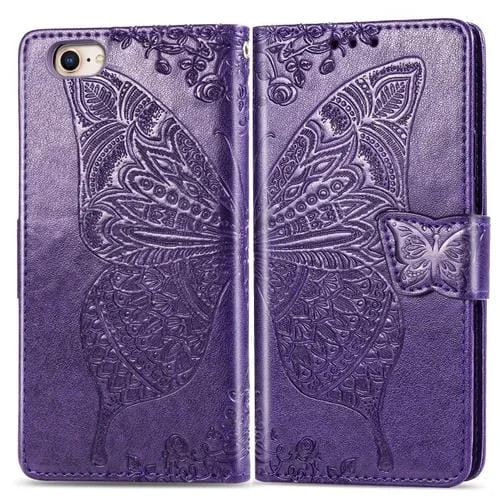 Funda de Cuero con Relieve Mariposa y Flor para iPhone 16E (Morado)