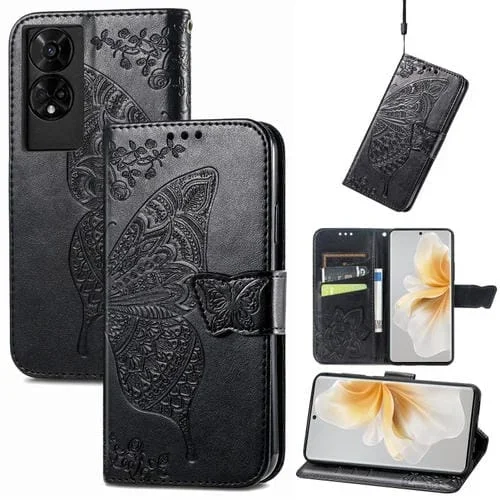 Funda de Cuero con Relieve Mariposa y Flor para TCL 50 5G (Negra)