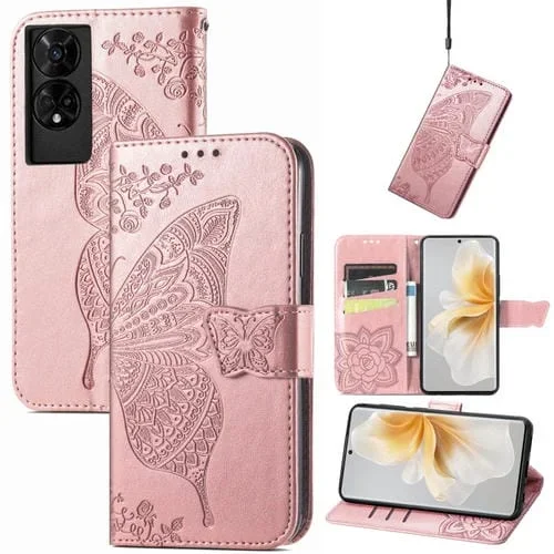 Funda de Cuero con Relieve Mariposa y Flor para TCL 50 5G (Oro Rosa)