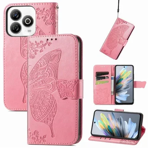 Funda de Cuero con Relieve Mariposa y Flor para ZTE Blade A75 4G (Rosa)