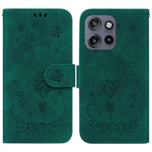 Funda de Cuero con Relieve Mariposa y Rosa para Motorola Edge 50 Neo 5G (Verde)
