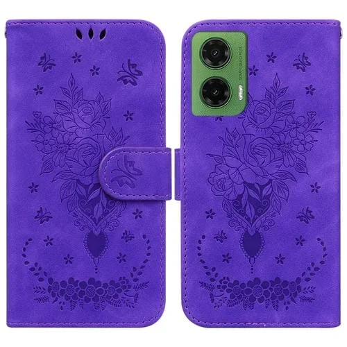 Funda de Cuero con Relieve Mariposa y Rosa para Motorola Moto G35 (Morado)