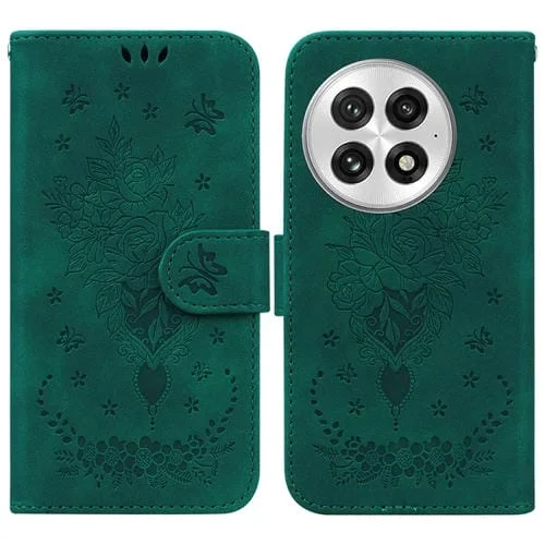 Funda de Cuero con Relieve Mariposa y Rosa para OnePlus 13 (Verde)