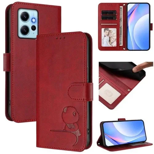 Funda de cuero con relieve RFID y cordón para Redmi Note 12 4G Global Litter Panda (rojo vino)