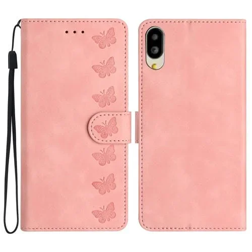 Funda de Cuero con Relieve Siete Mariposas para Sharp Basio Active Shg09 (Rosa)