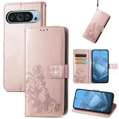 Funda de Cuero con Relieve y Cierre de Cuatro Hojas para Google Pixel 9 (Oro Rosa)