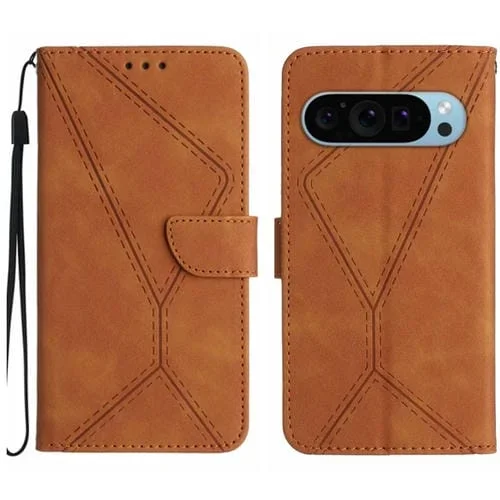 Funda de Cuero con Relieve y Costuras para Google Pixel 9 Pro XL (Marrón)