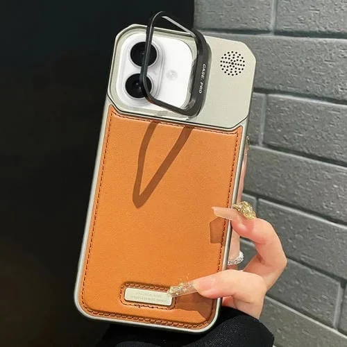 Funda de Cuero con Tapa de Metal y Función Atril para iPhone 16 (Marrón)