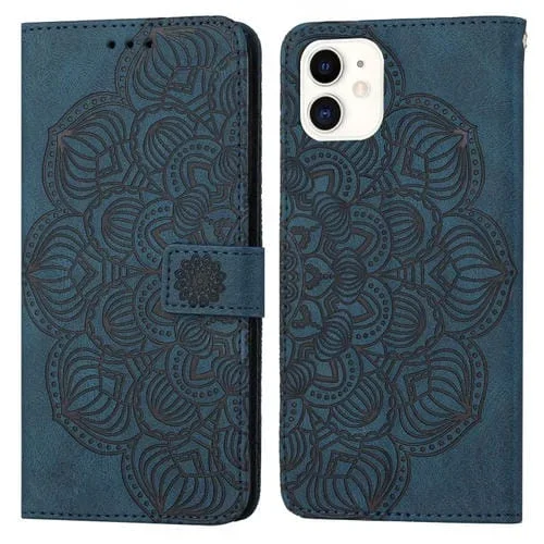 Funda de Cuero con Tapa en Relieve para iPhone 12 Mini Mandala (Azul)