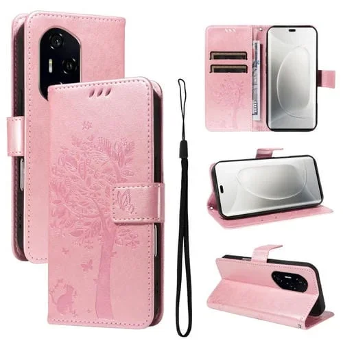 Funda de Cuero con Tapa Honor 300 Pro/300 U1Tra Diseño Árbol y Gato En Relieve (Oro Rosa)