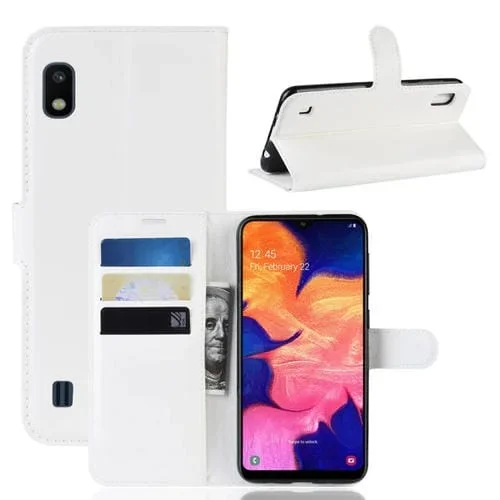 Funda de cuero con tapa horizontal con textura Litchi para Galaxy A10, con billetera, soporte y ranuras para tarjetas (blanco)