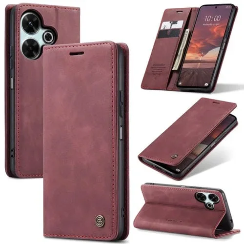Funda de Cuero con Tapa Horizontal Multifuncional Caseme 013 para Redmi 13 (Rojo Vino)