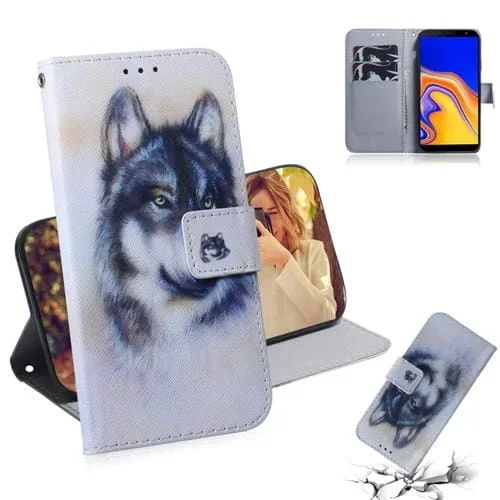 Funda de Cuero con Tapa Horizontal para Galaxy J4 Plus con Dibujo de Lobo Blanco, Soporte, Ranuras y Billetera