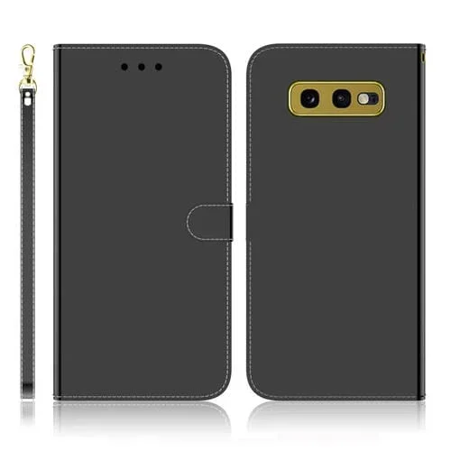 Funda de Cuero con Tapa Horizontal para Galaxy S10E con Espejo, Soporte, Ranuras, Billetera y Cordón (Negro)