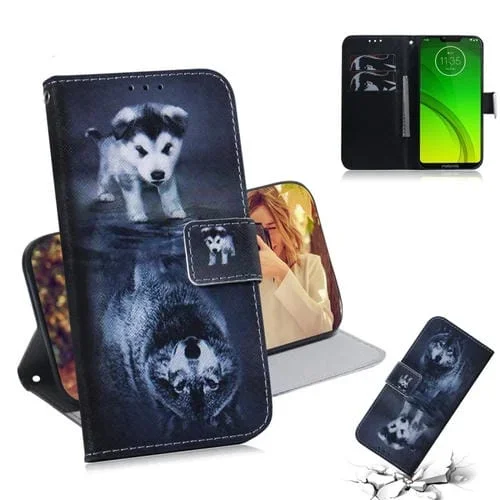 Funda de Cuero con Tapa Horizontal para Motorola Moto G7 Power con Dibujo de Lobo y Perro, Soporte, Ranuras y Billetera