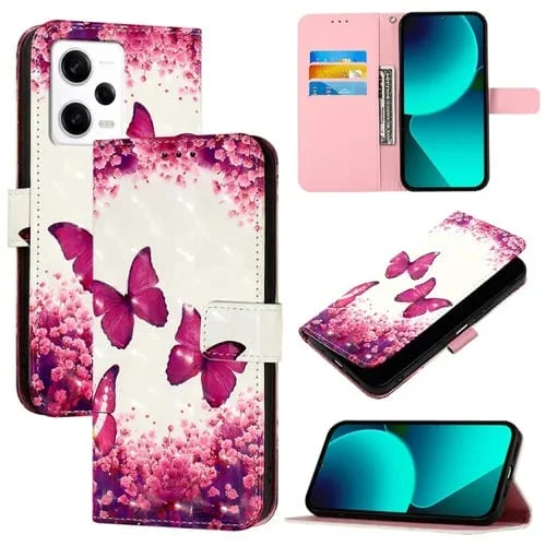Funda de Cuero con Tapa Horizontal para Redmi Note 12 Pro Speed 3D Painting (Mariposa Rosa)