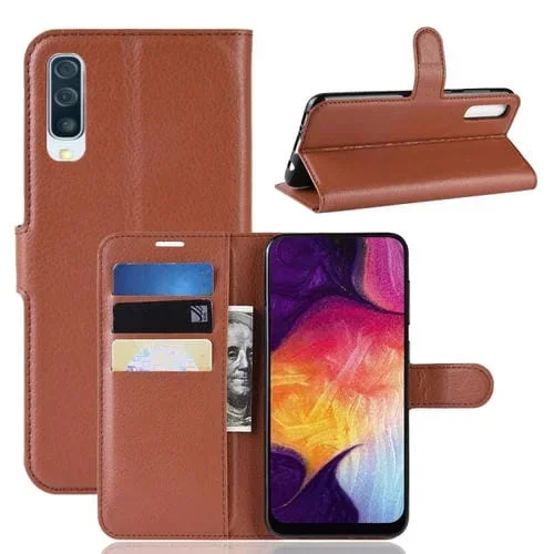 Funda de Cuero con Tapa Horizontal Textura Litchi para Galaxy A50 con Billetera Soporte y Ranuras para Tarjetas (Marrón)