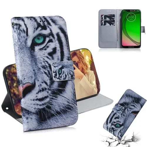 Funda de Cuero con Tapa Horizontal y Dibujo de Tigre para Motorola Moto G7 Play con Soporte y Ranuras
