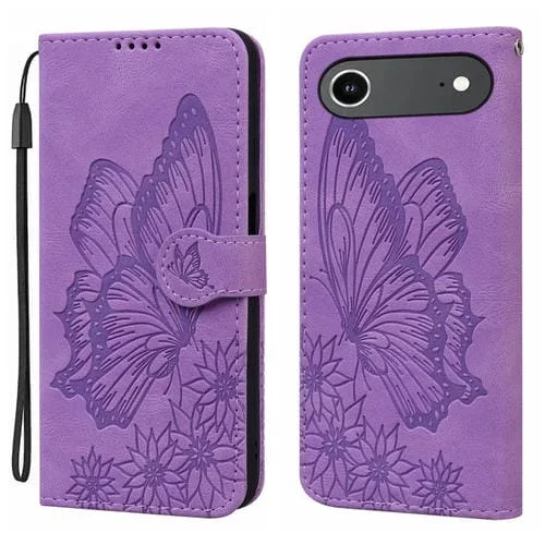 Funda de cuero con tapa horizontal y diseño retro de mariposas en relieve para iPhone 17 Air (morado)