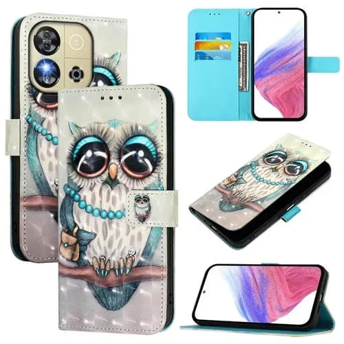 Funda de Cuero con Tapa Horizontal y Pintura 3D para Oukitel C57S (Búho Gris)