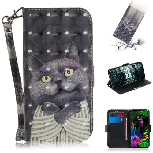 Funda de Cuero con Tapa Horizontal y Soporte para LG G8 Thinq (Hug Cat) con Patrón 3D Dibujo a Color