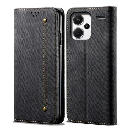 Funda de Cuero con Tapa Horizontal y Textura Vaquera para Redmi Note 13 Pro+ (Negro)