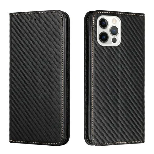 Funda de Cuero con Tapa Magnética y Textura de Fibra de Carbono para iPhone 16 Pro (Negro)