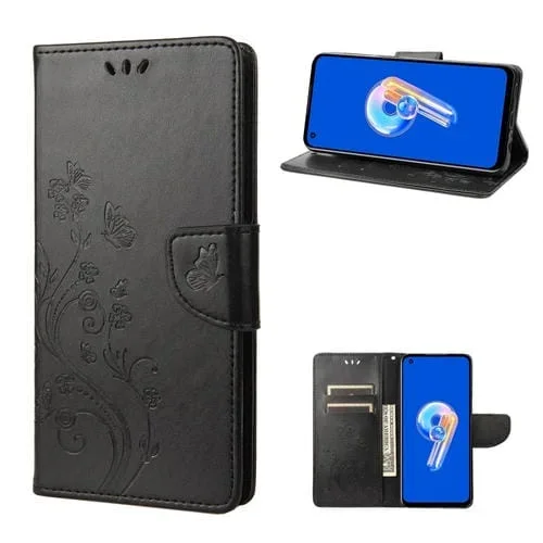 Funda de Cuero con Tapa para Asus Zenfone 9 con Patrón de Flor de Mariposa (Negro)