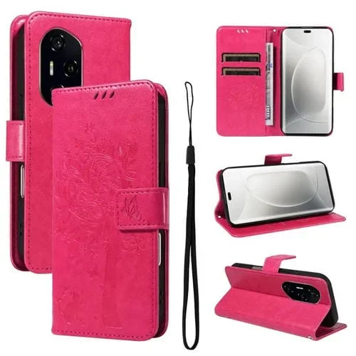 Funda de Cuero con Tapa para Honor 300 Pro/300 U1Tra Diseño Árbol y Gato (Rosa Rojo)