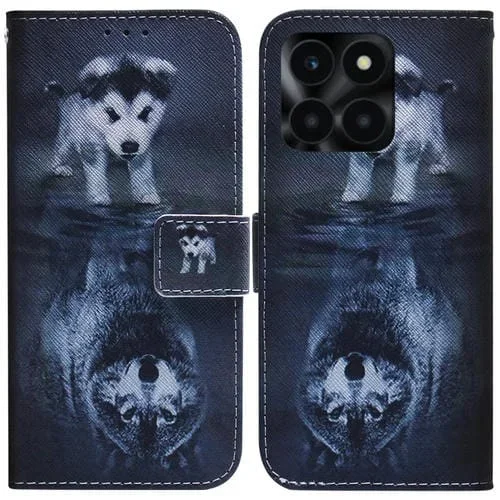 Funda de Cuero con Tapa para Honor X6A con Dibujo Coloreado (Lobo y Perro)
