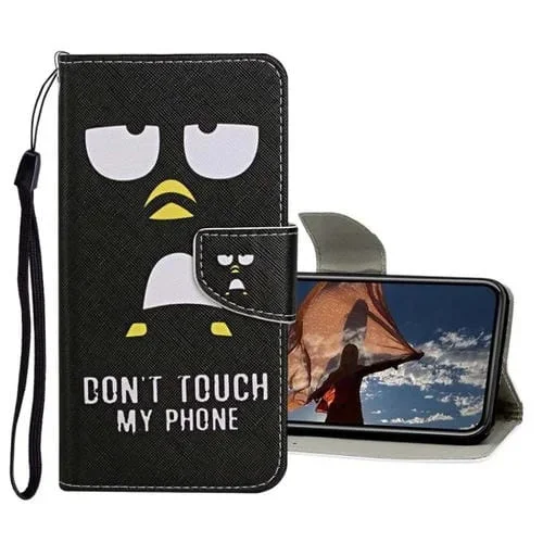 Funda de Cuero con Tapa para iPhone 13 Pro Patrón Dibujo a Color (Pingüino)