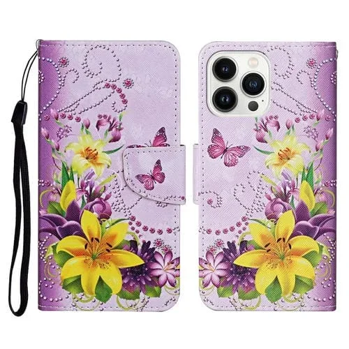 Funda de Cuero con Tapa para iPhone 16 Pro con Dibujo en Color 3D (Flores Amarillas)