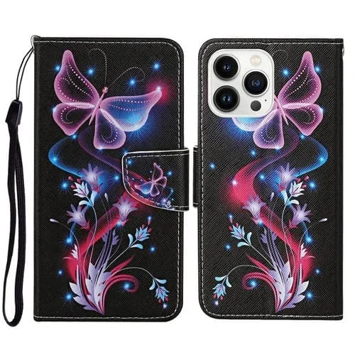 Funda de Cuero con Tapa para iPhone 16 Pro con Dibujo en Color 3D (Mariposa Fluorescente)