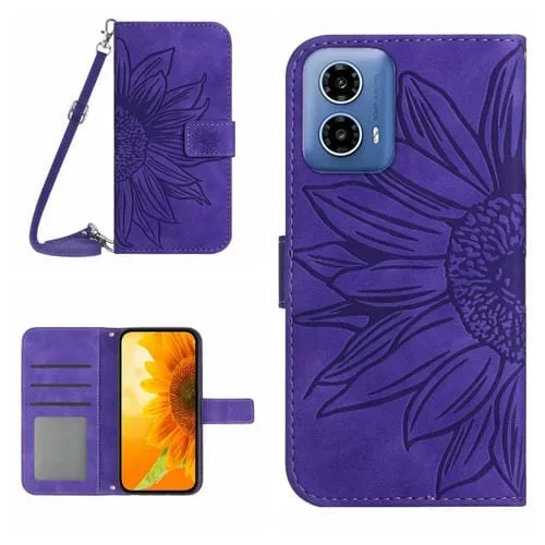 Funda de Cuero con Tapa para Motorola Edge 5G 2024 Ht04 Diseño Girasol con Cordón (Morado Oscuro)