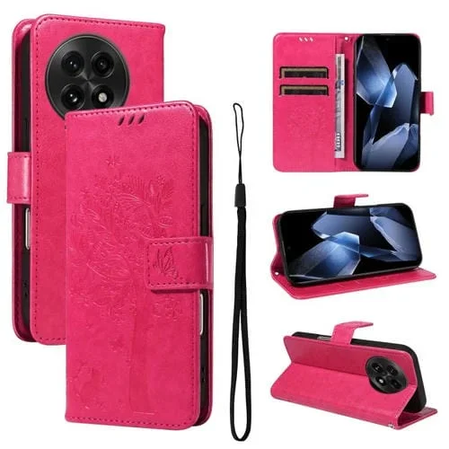 Funda de Cuero con Tapa para OnePlus 13 con Patrón en Relieve Árbol y Gato (Rosa Rojo)