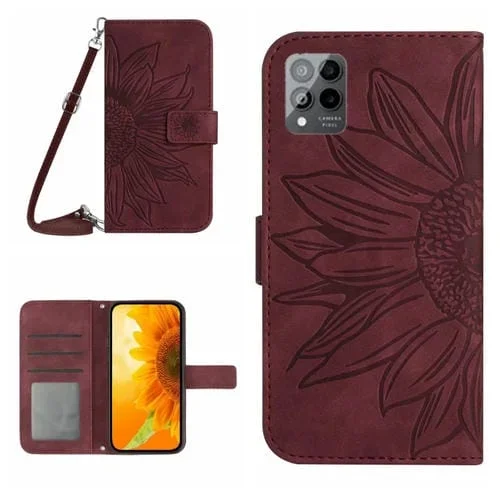 Funda de Cuero con Tapa para T-Mobile Revvl 6 Pro 5G con Cordón y Diseño Sun Flower (Rojo Vino)