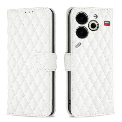Funda de Cuero con Tapa para Tecno Pova 6 Neo Diamond Lattice (Blanco)