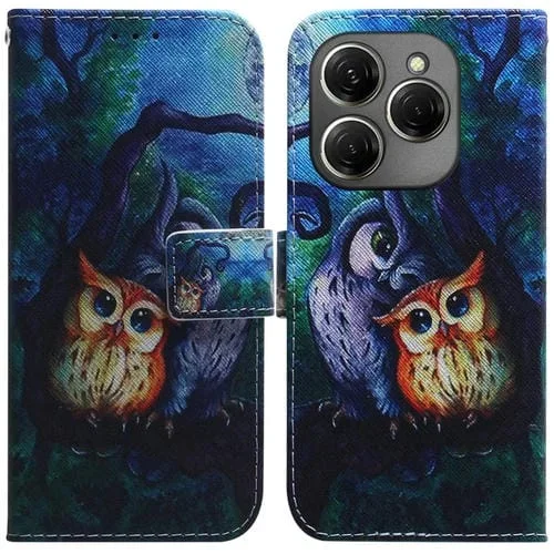 Funda de Cuero con Tapa para Tecno Spark 20 Pro con Dibujo de Búho (Coloreado)
