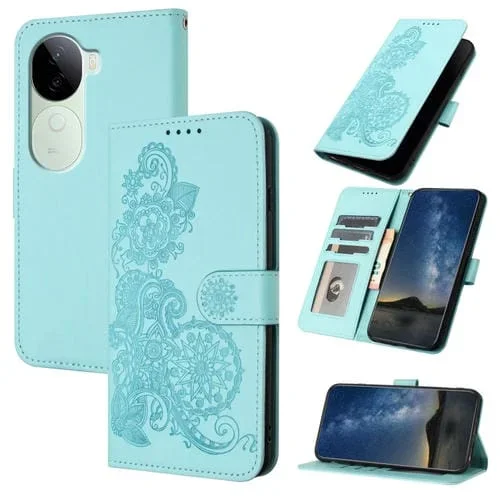 Funda de Cuero con Tapa para Teléfono con Diseño de Flor de Datura En Relieve de la India para Vivo Iqoo Z9S/V40E (Azul Claro)