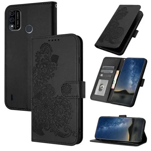 Funda de Cuero con Tapa para Teléfono Itel A48 Diseño Flor de Datura en Relieve (Negra)