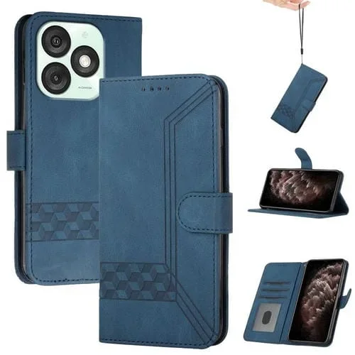Funda de Cuero con Tapa para Teléfono Itel A50 (Azul) con Tacto de Piel Cúbica