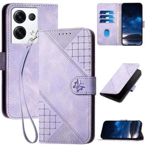 Funda de Cuero con Tapa para Teléfono Oppo Reno8 Pro 5G Global Yx0080 con Diseño de Mariposa En Relieve y Cuadrícula y Cordón (Morado Claro)