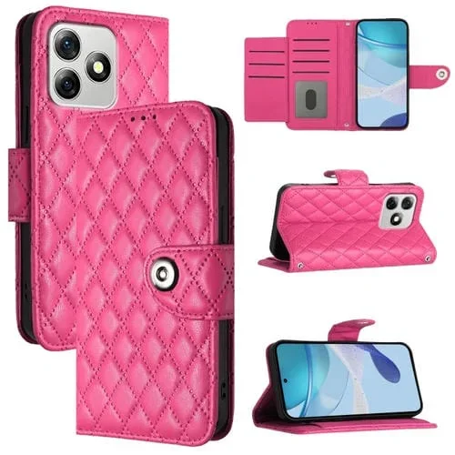 Funda de Cuero con Tapa para Ulefone Note 18 Textura Ultra Romboidal y Cordón (Rojo Rosa)
