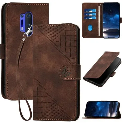 Funda de Cuero con Tapa y Cordón para OnePlus 8 Pro Yx0080 Diseño Relieve Mariposas (Café)