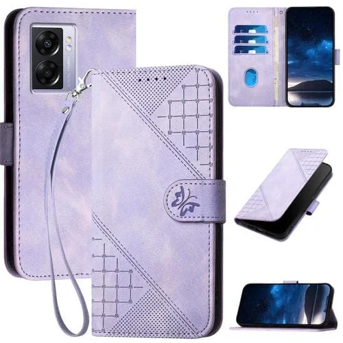 Funda de Cuero con Tapa y Cordón para Oppo A77 4G Global Yx0080 con Diseño En Relieve de Mariposa y Cuadrícula (Morado Claro)