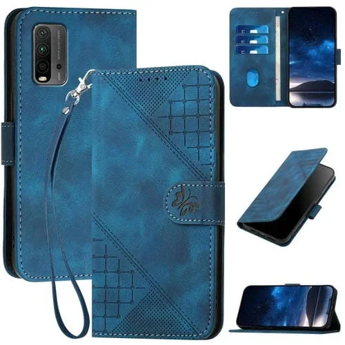 Funda de Cuero con Tapa y Cordón para Redmi 9T Yx0080 con Diseño En Relieve de Mariposa y Cuadrícula (Azul Oscuro)