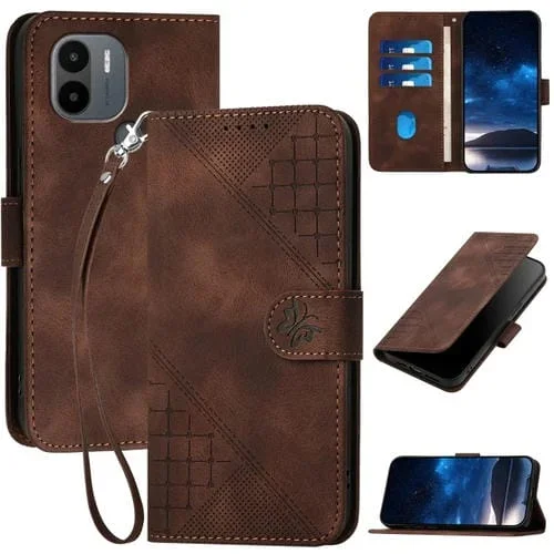 Funda de Cuero con Tapa y Cordón para Redmi A1+ Yx0080 con Diseño En Relieve de Mariposas y Cuadrícula (Café)